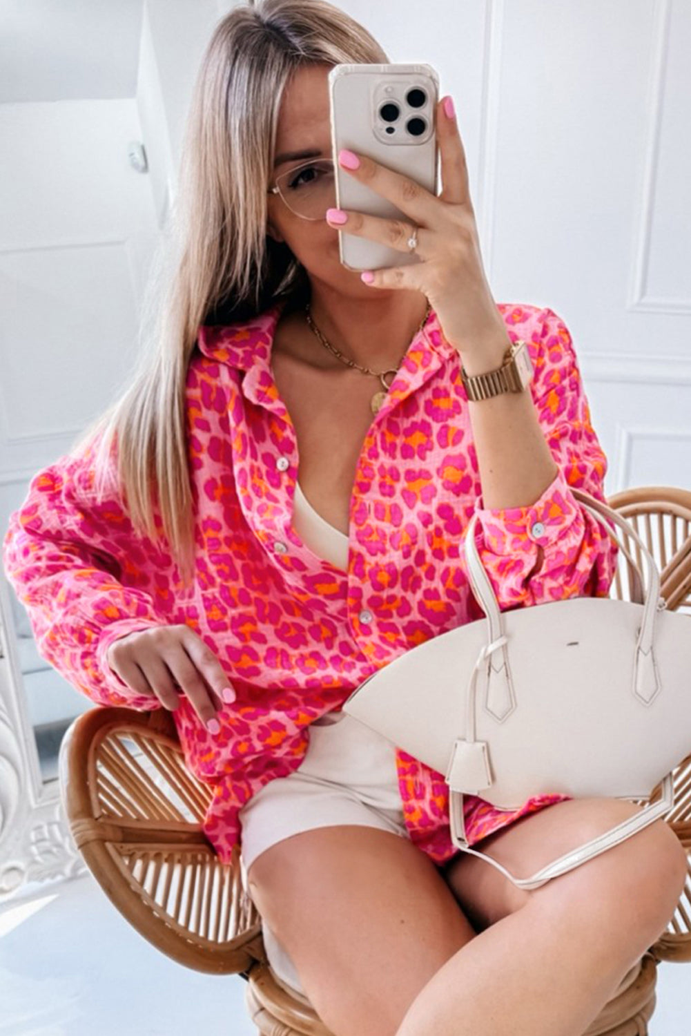 Leopard Printed Button Up Loose Shirt | Rose