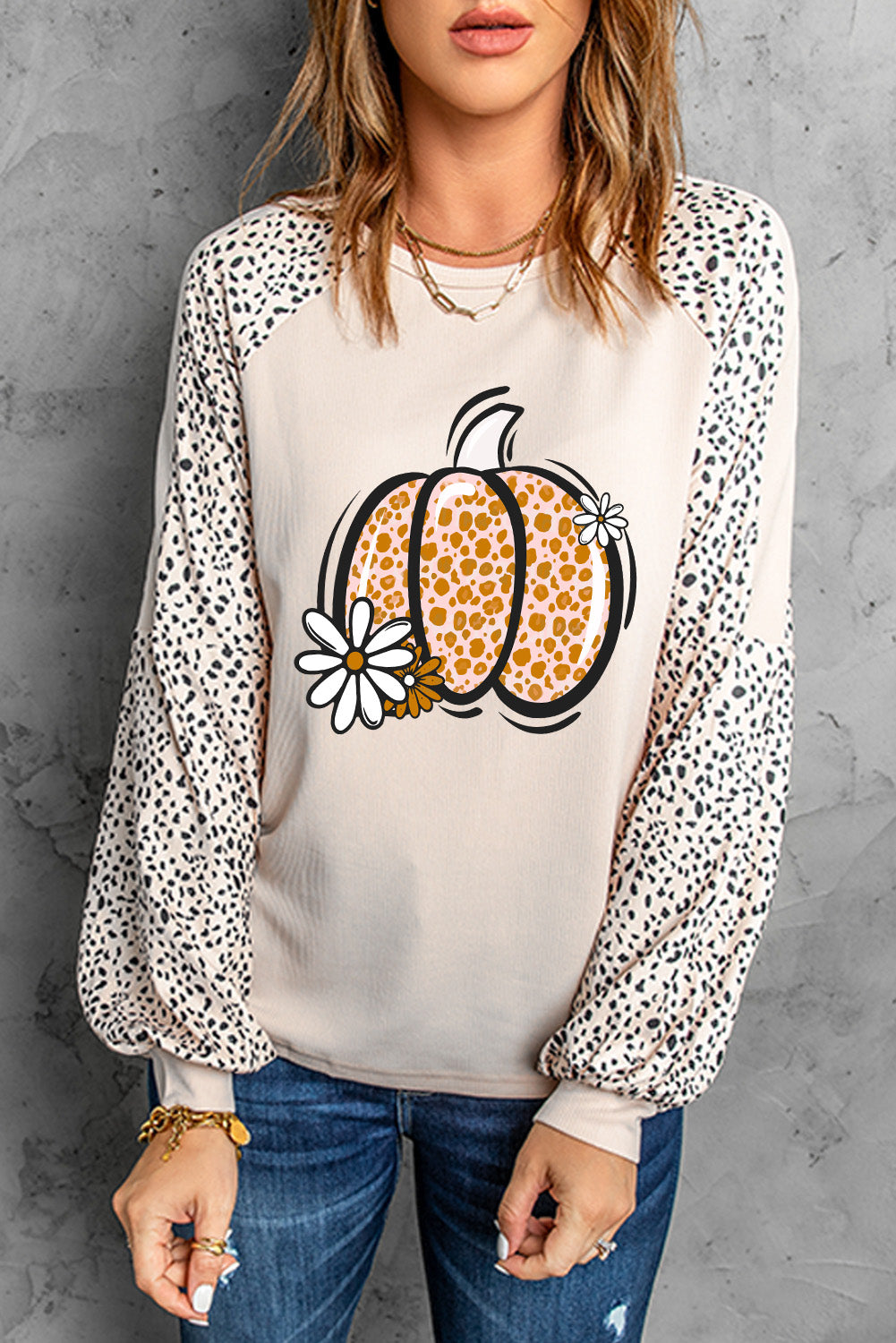 Leopard Raglan Long Sleeve Floral Pumpkin Graphic Top | Khaki