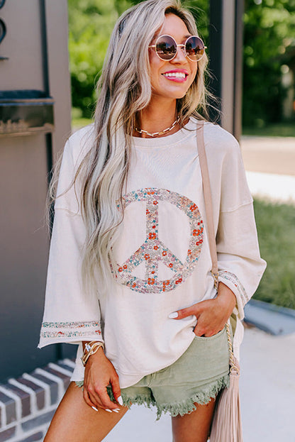 Floral Peace Sign Graphic Drop Shoulder Wide Sleeve Casual Top | Jet Stream