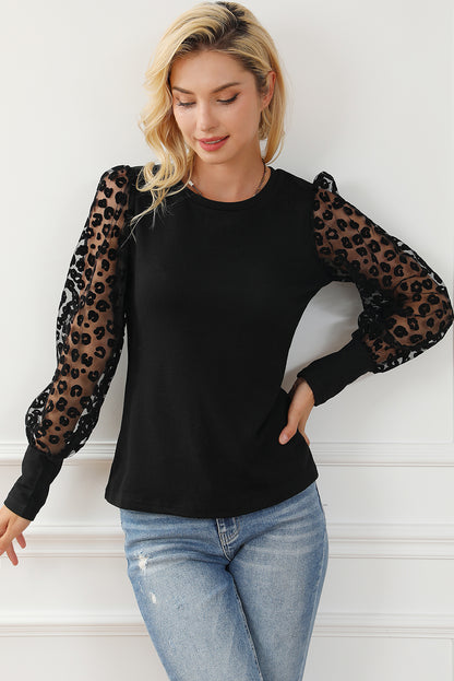 Leopard Mesh Puff Sleeve Patchwork Slim Fit Top | Black