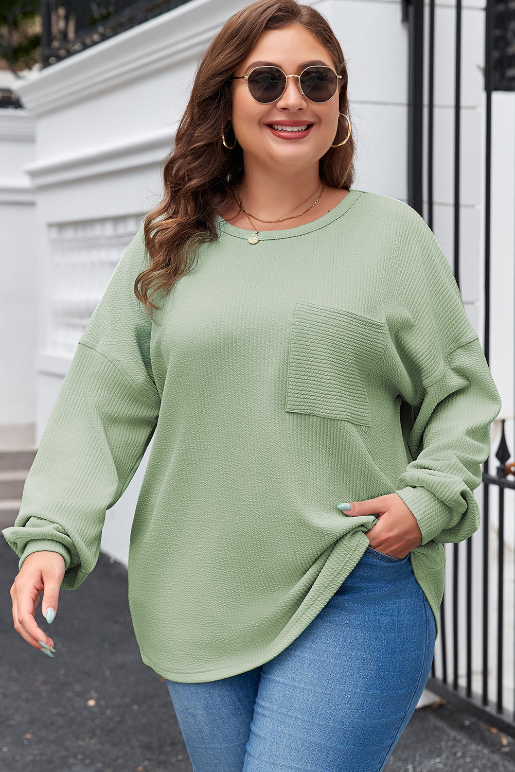 Plus Size Corded Knit Pocketed Crew Neck Top | Clearly Aqua