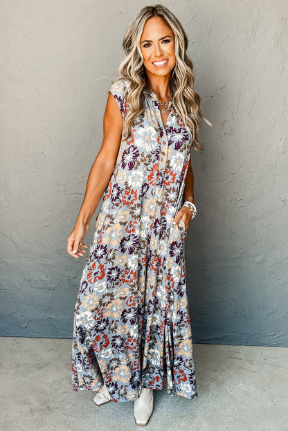 Floral Sleeveless Buttoned Pocketed Wide Leg Jumpsuit | Sky Blue