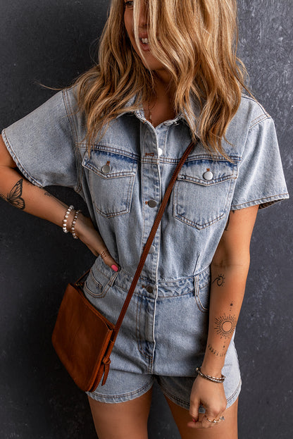 Vintage Washed Buttons Pocketed Denim Romper | Light Blue