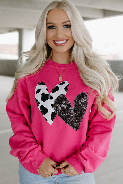 Cow & Sequin Double Heart Patch Graphic Sweatshirt | Strawberry Pink