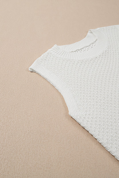 Solid Colour Eyelet Knit Crew Neck Sweater Vest | White