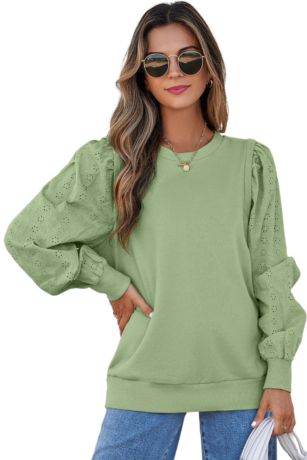 Solid Patchwork Sleeve Round Neck Sweatshirt | Mist Green