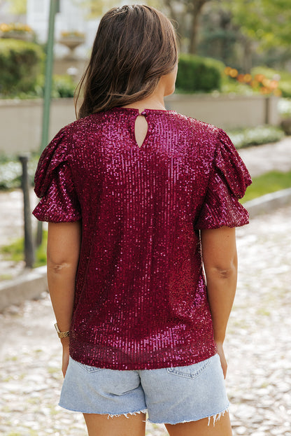 Glittering Sequin Short Bubble Sleeve Blouse | Burgundy