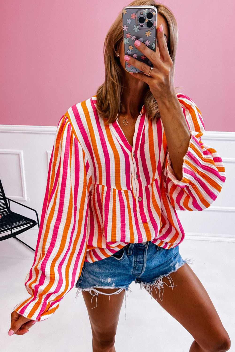 Balloon Sleeve Notched V Neck Buttoned Front Blouse | Orange Stripe