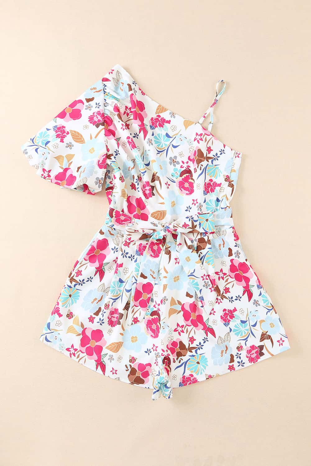 Floral Single Bubble Sleeve Slant Shoulder Romper | White