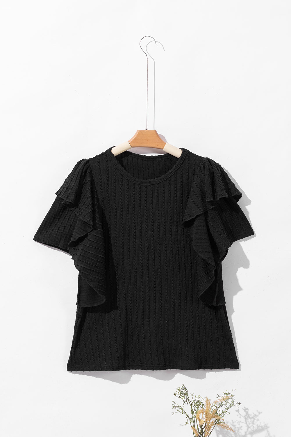 Braided Textured Ruffled Sleeve Top | Black