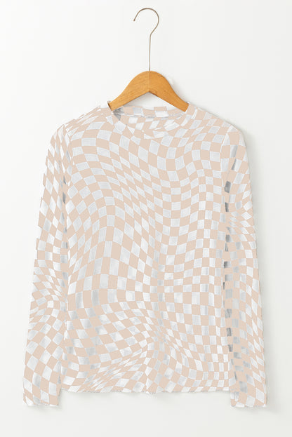 Checkered Pattern Mesh Mock Neck Long Sleeve Top | Khaki