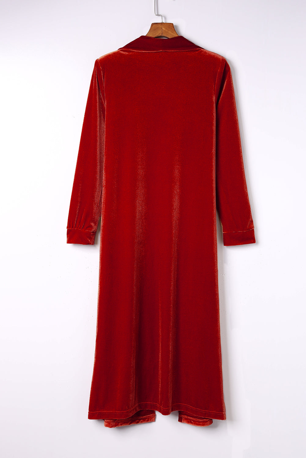 Fiery  Velvet Open Front Pocketed Long Duster | Red