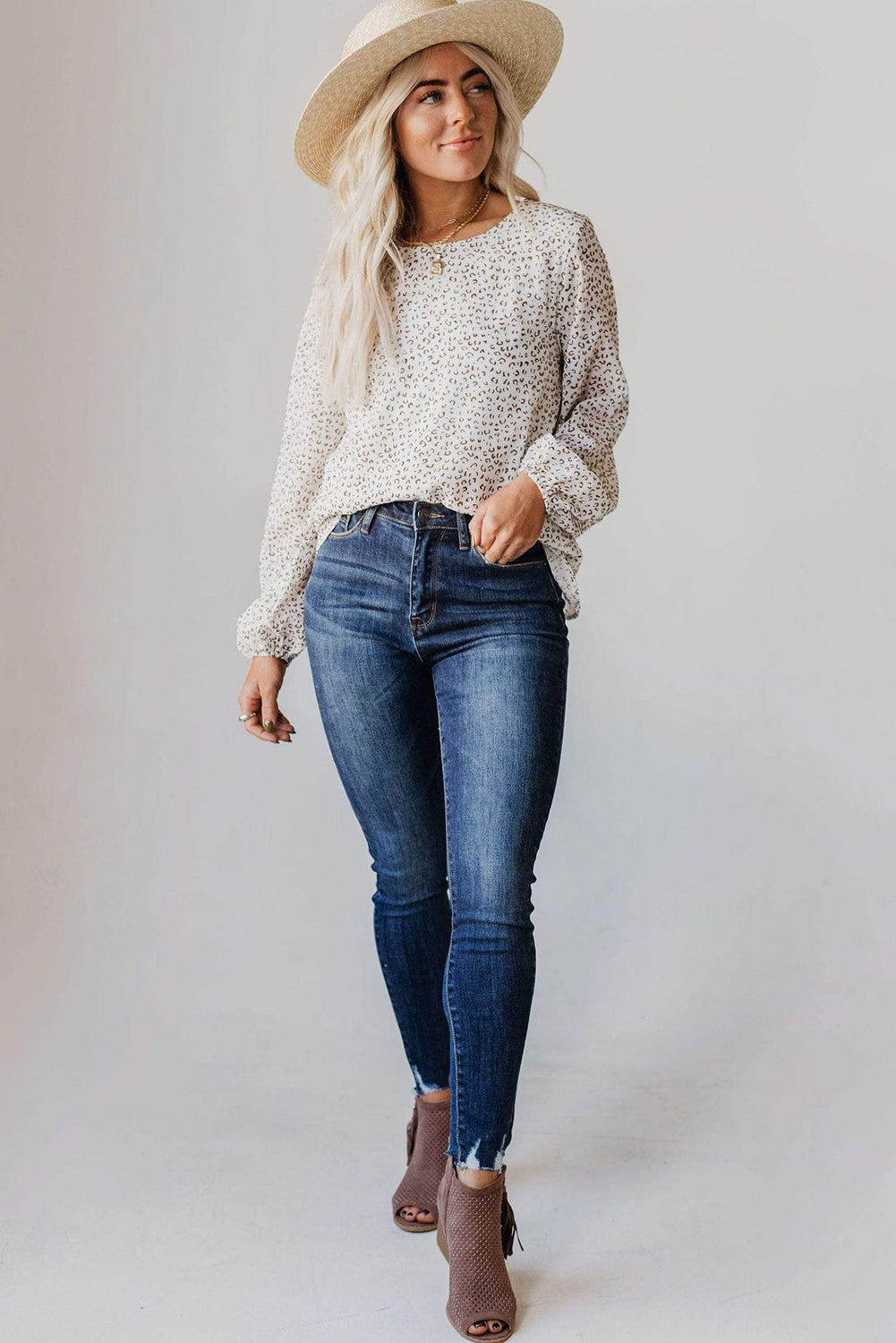 Crew Neck Long Sleeve Blouse | Leopard