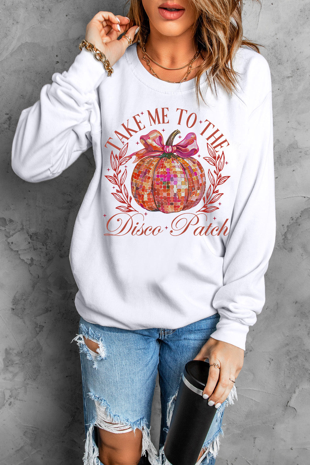 Halloween Disco Ball Pumpkin Print Pullover Sweatshirt | Beige