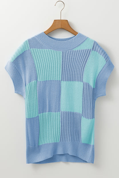 Checkered Colour Block Crew Neck Short Sleeve Sweater | Light Blue