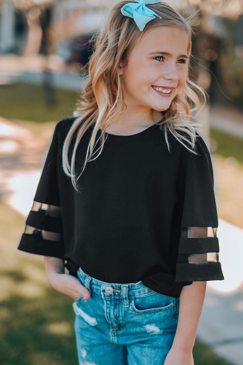 Girl'S 3/4 Bell Sleeve Mesh Panel Blouse | Black