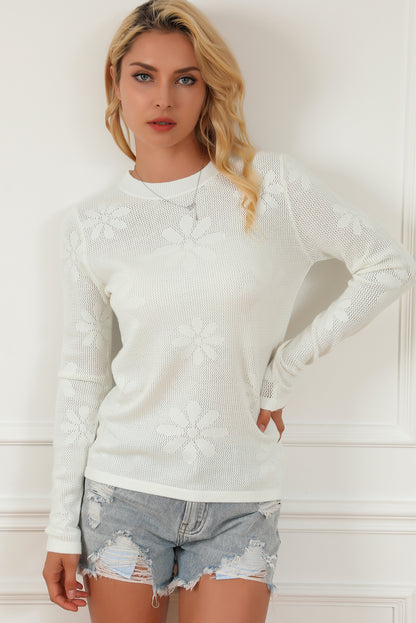 Flower Knit Long Sleeve Sweater | White