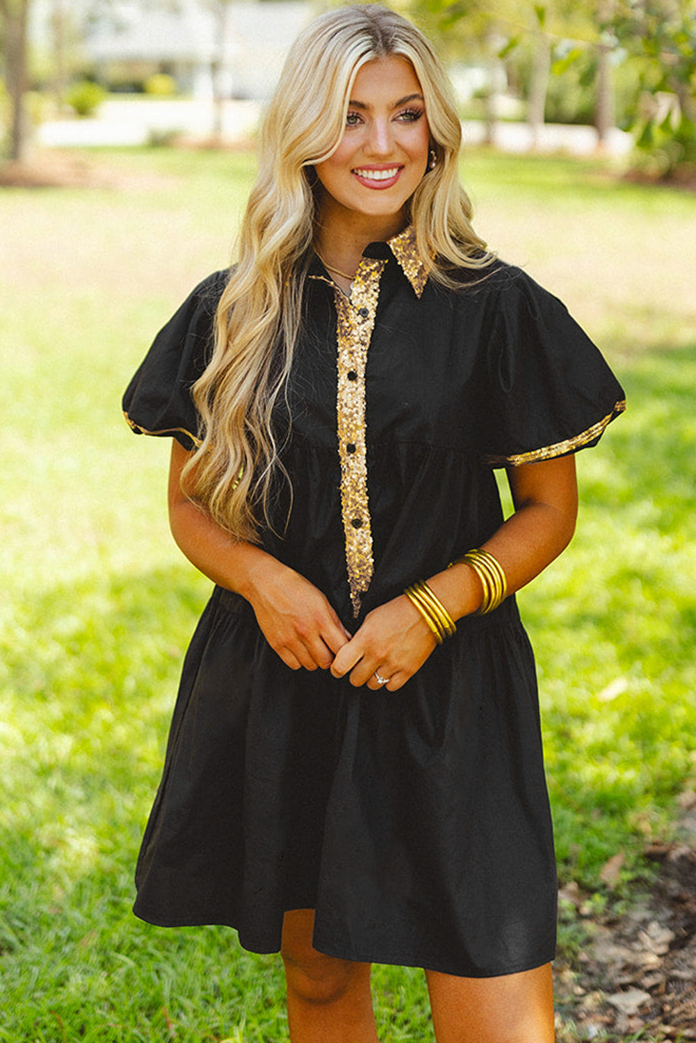 Sequin Trim Bubble Sleeve Game Day Shirt Dress | Black