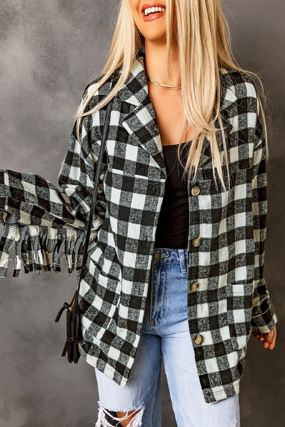 Fringed Plaid Print Shacket | Black