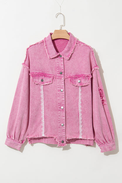 Lace Patchwork Distressed Buttoned Denim Jacket | Pink