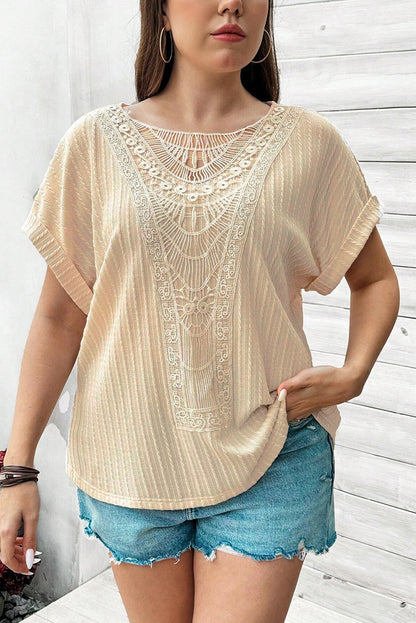 Lace Crochet Patched Cable Textured Cuffed Short Sleeve Plus Size Top | Beige