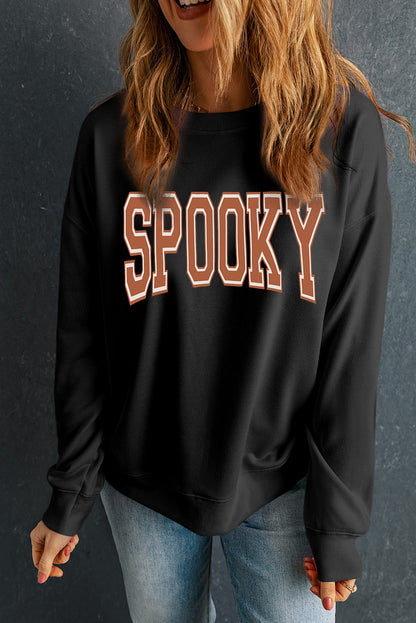 Spooky Graphic Drop Shoulder Halloween Pullover Sweatshirt | Black