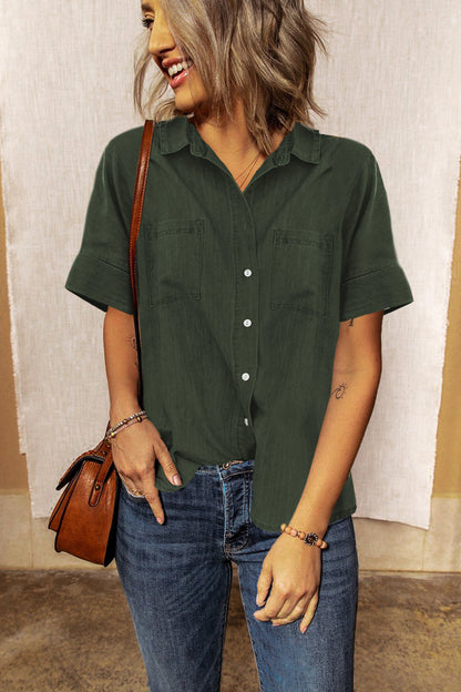 Turn-Down Collar Short Sleeve Denim Shirt | Green