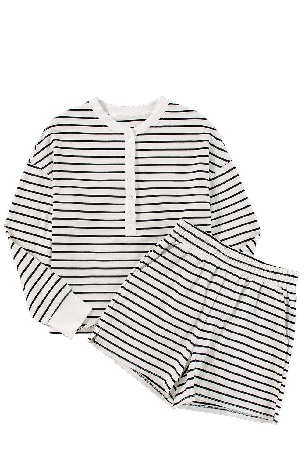 Black White Stripes Printed Half Button Long Sleeve Top And Shorts Set | Black white