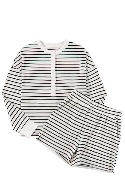 Black White Stripes Printed Half Button Long Sleeve Top And Shorts Set | Black white