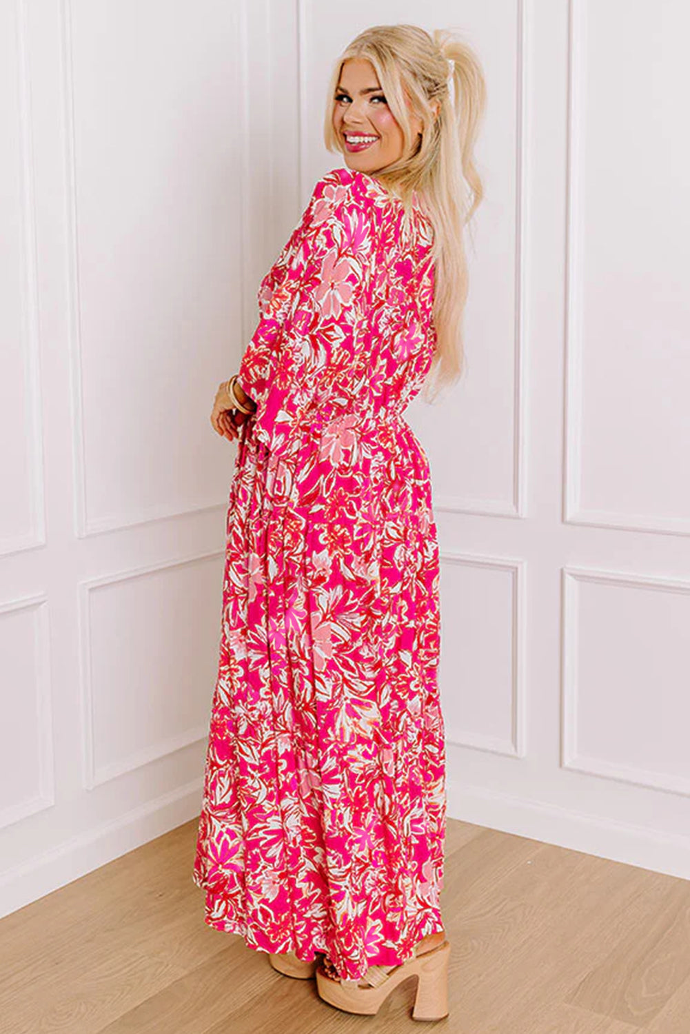 Plus Size Floral V Neck Wide Sleeve Maxi Dress | Rose