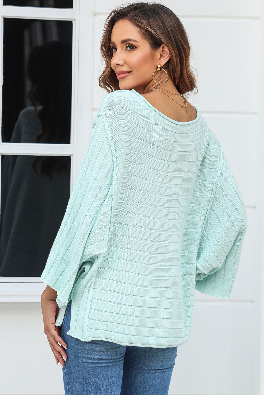 Exposed Seam Ribbed Knit Dolman Top | Green