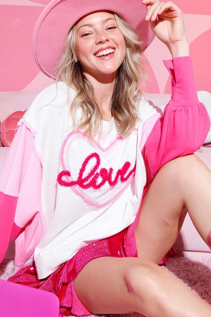 Tinsel Love Heart Graphic Colour Block Sleeve Sweatshirt | White