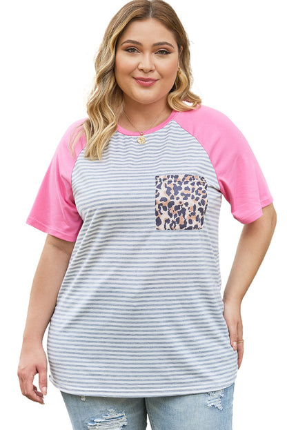 Leopard Patch Pocket Plus Size Raglan Sleeve Tee | Stripe