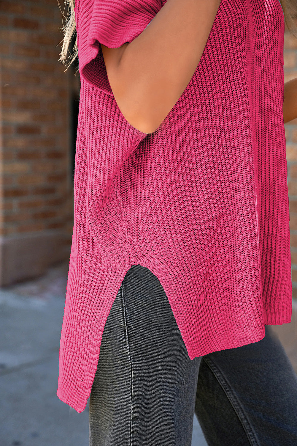 Short Sleeve Side Slit Oversized Sweater | Rose Red