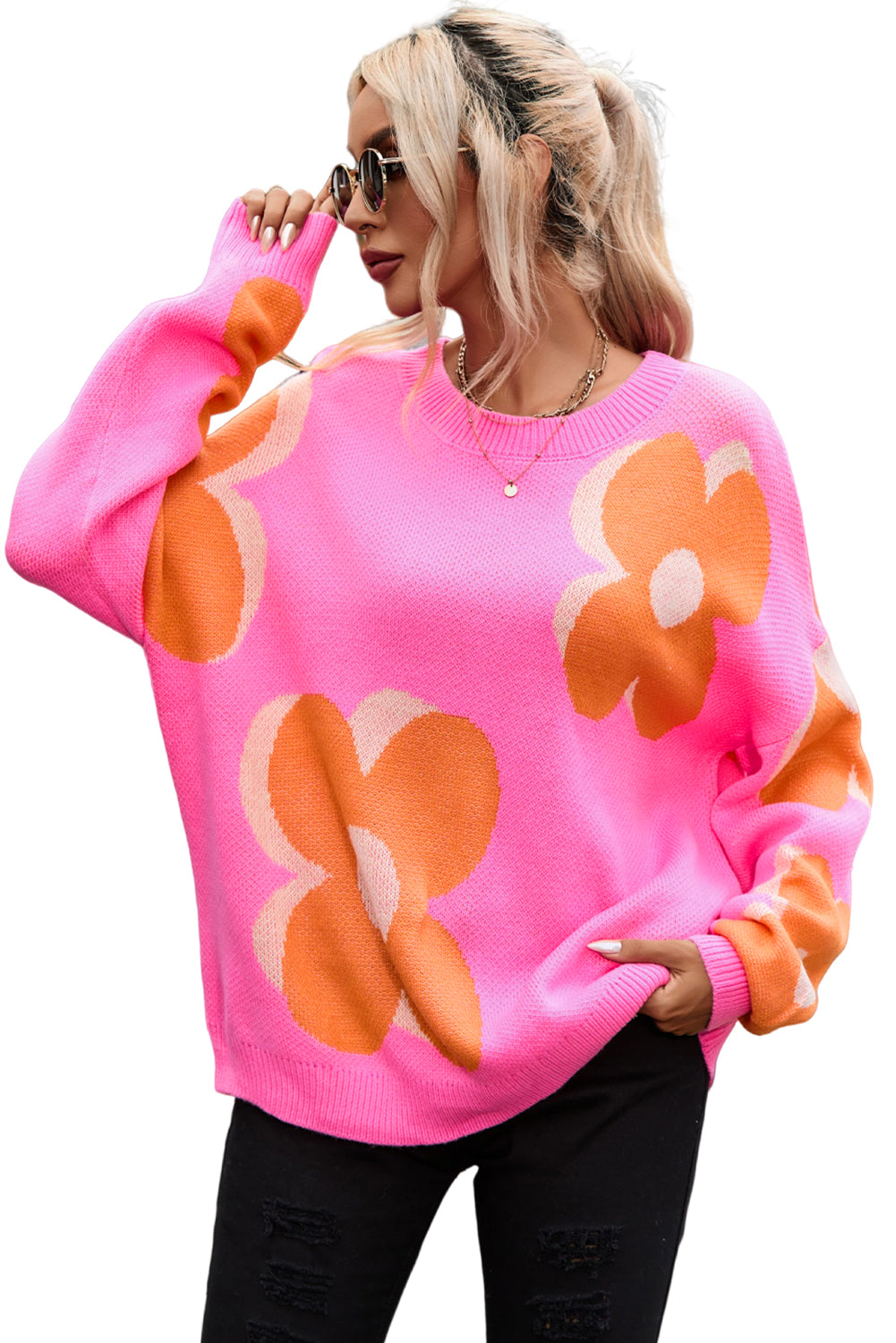 Flower Pattern Slouchy Sweater | Red