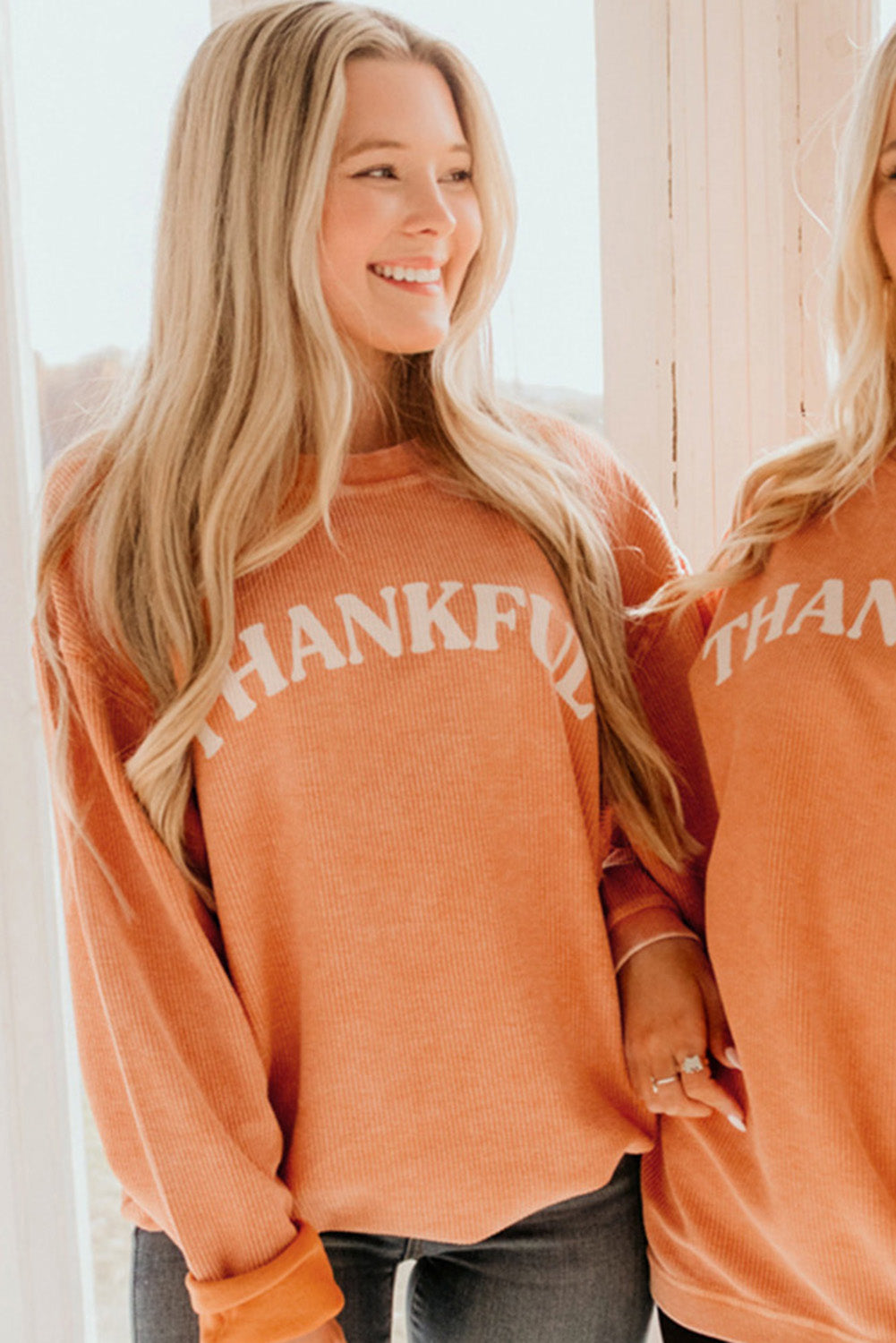 Thankful Letter Graphic Corded Sweatshirt | Orange