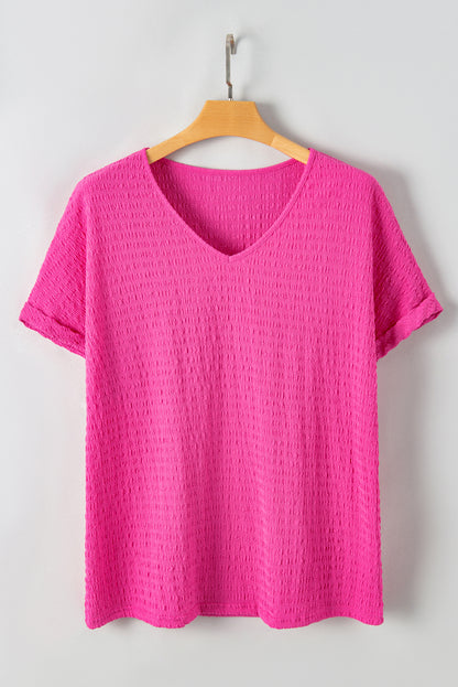 Plus Size Textured Folded Sleeve V Neck T Shirt | Bright Pink