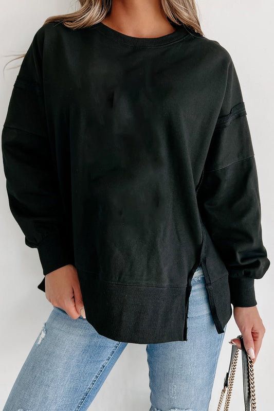 Black Exposed Seam Drop Shoulder Round Neck Sweatshirt with Slits