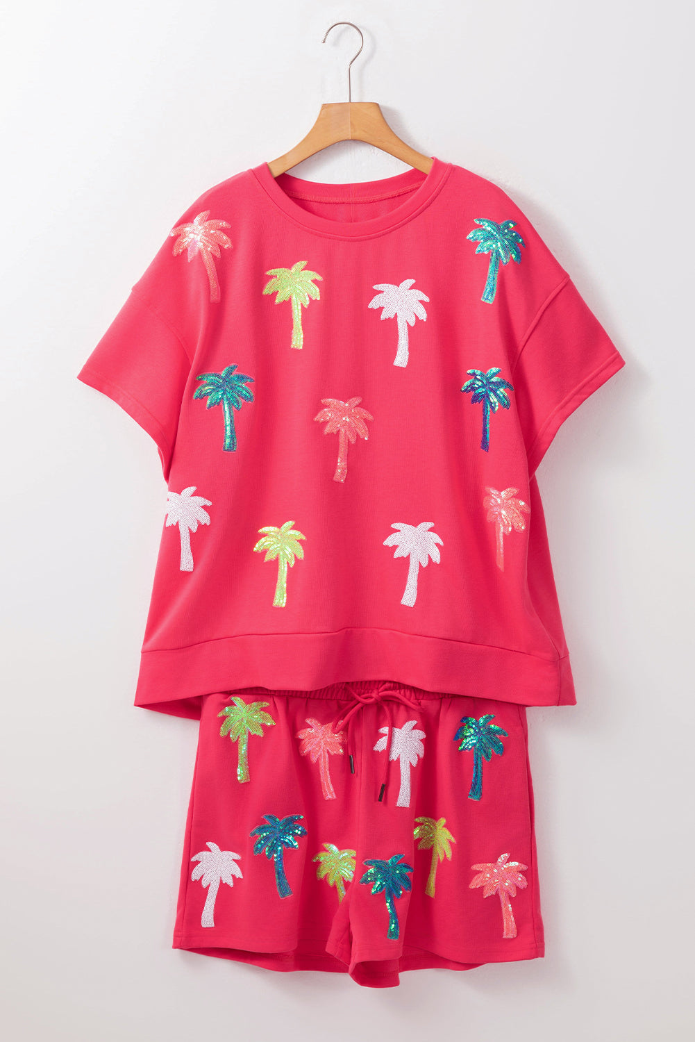 Two Piece Sequin Palm Trees Summer Short Set | Strawberry Pink