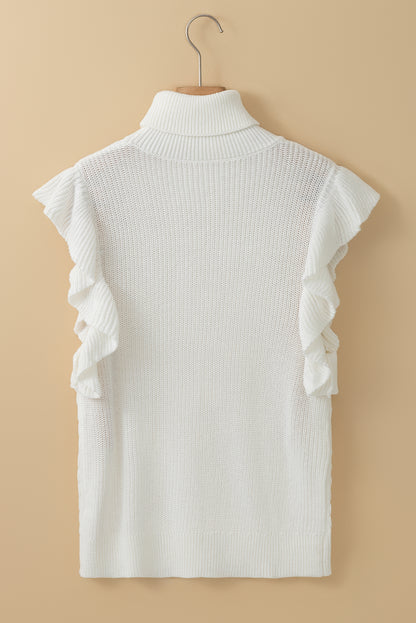 Turtle Neck Short Sleeve Cable Knit Ruffled Sweater | White