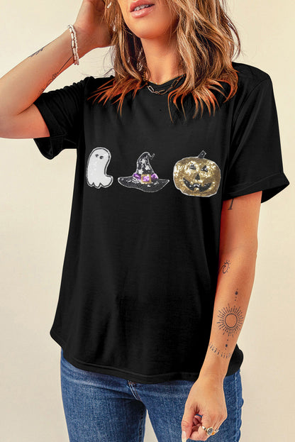 Halloween Sequin Pattern Patched Crewneck Tee | Black