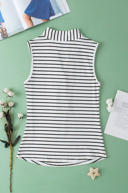 Striped V Neck Buttoned Tank Top | White