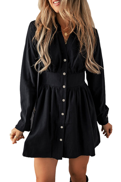 Elastic Cinched High Waist Long Sleeve Shirt Mini Dress | Black