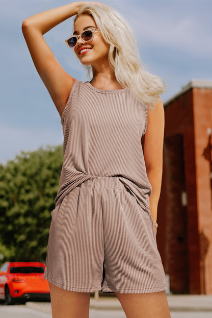 Corded Sleeveless Top And Pocketed Shorts Set | Smoke Gray