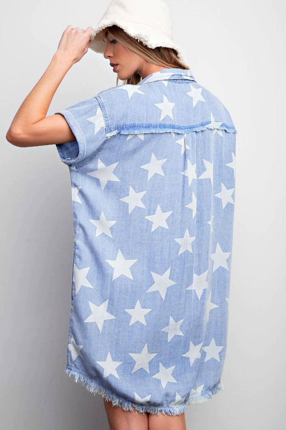 Stars Frayed Hem Collared Short Sleeve Denim Dress | Sky Blue