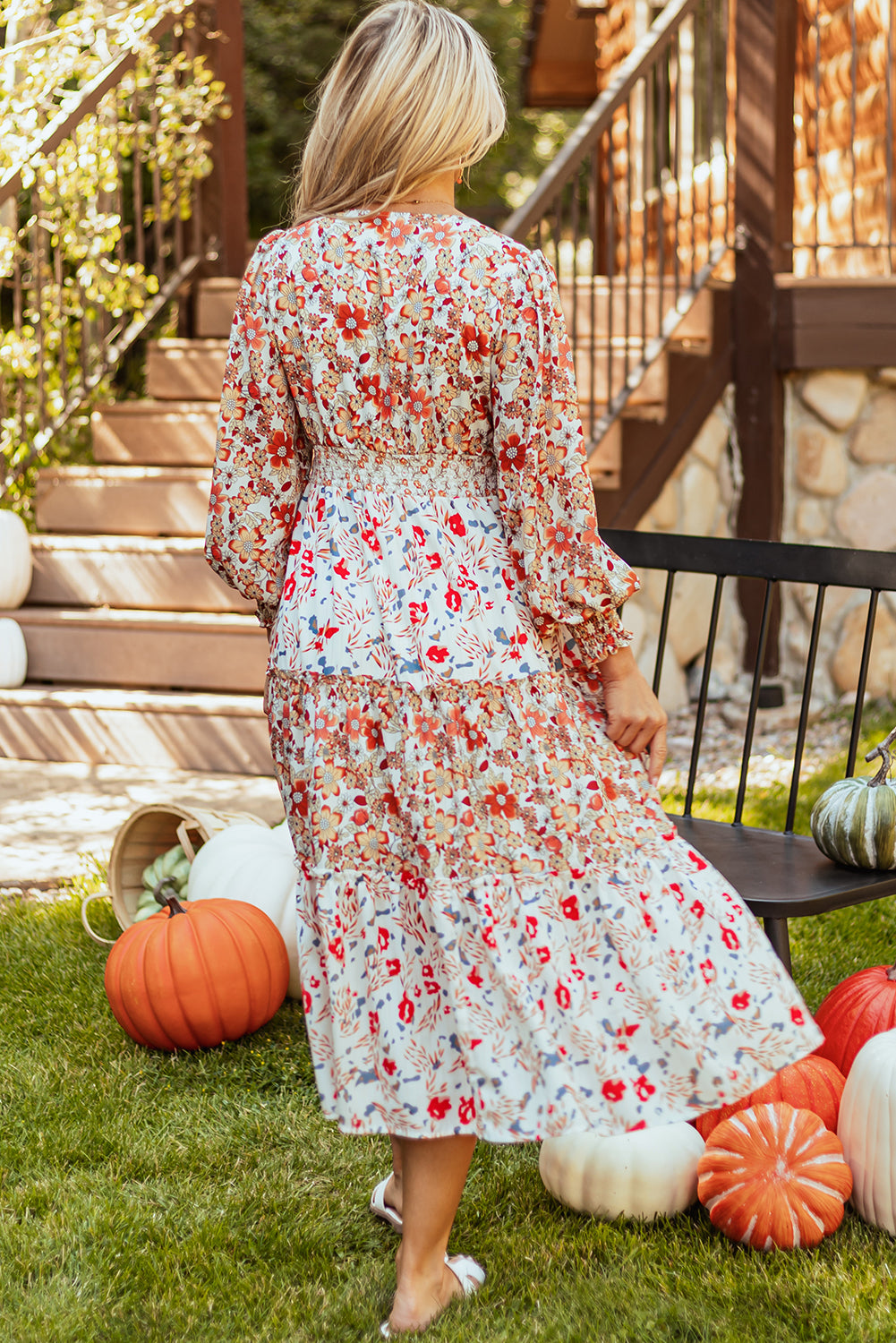 Floral Print Ruffled Tiered Long Sleeve V Neck Midi Dress | Khaki