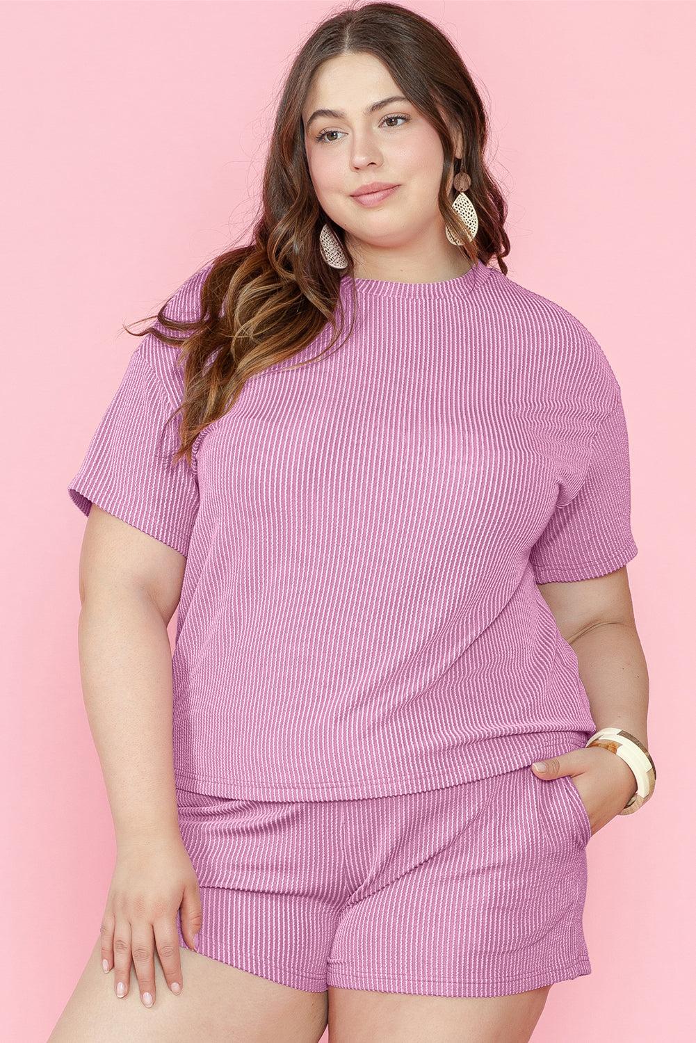 Ribbed Knit T Shirt And Shorts Plus Size Lounge Set | Phalaenopsis