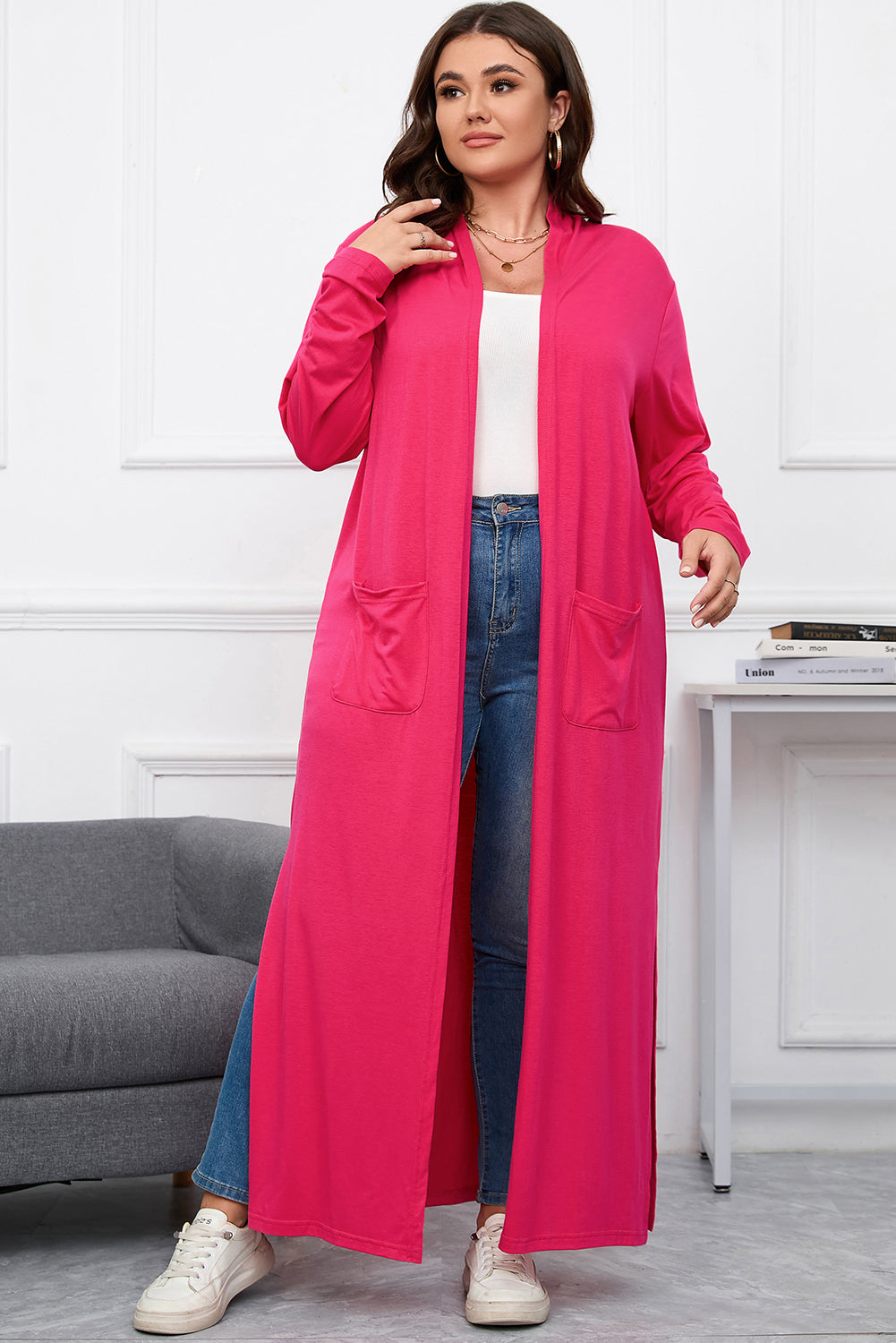 Plus Size Side Split Pockets Duster Cardigan | Strawberry Pink