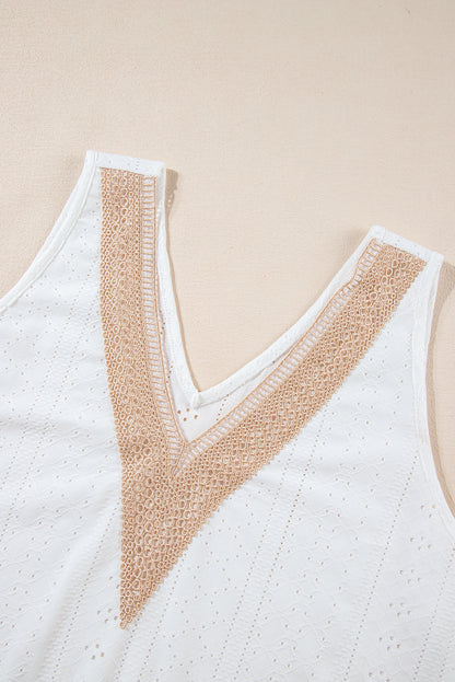 Plus Size Guipure V Neck Eyelet Lace Tank Top | White