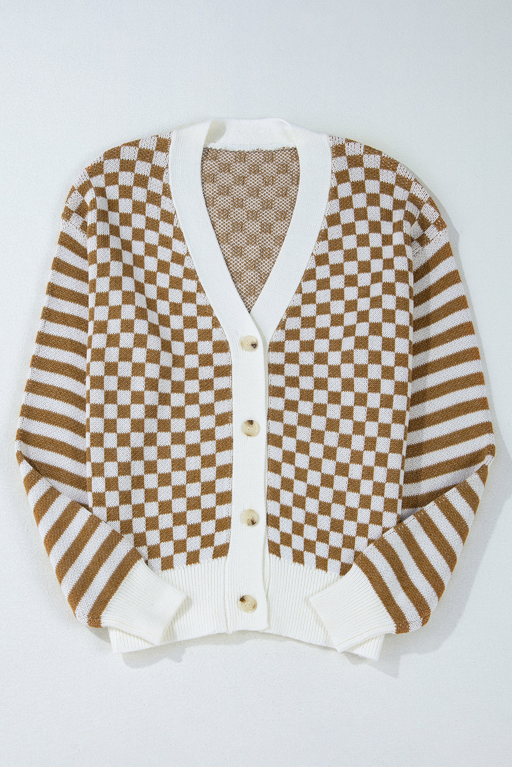 Checkered Striped Patched Buttoned V Neck Cardigan | Brown